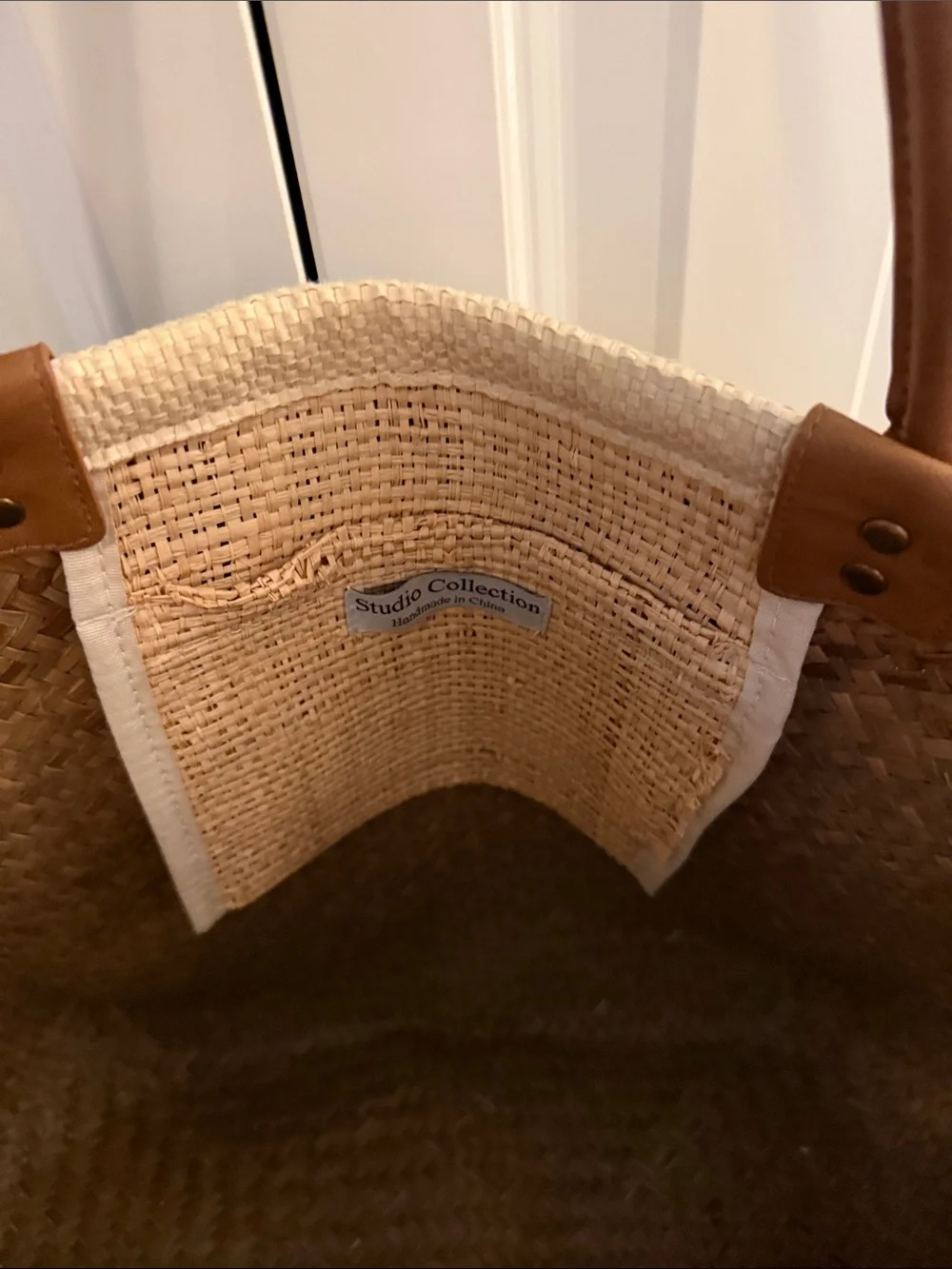 Striped Straw Tote Bag with Brown Handles